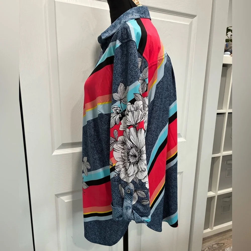 Vibrant Floral and Striped Button Down Shirt - Picture 2 of 7